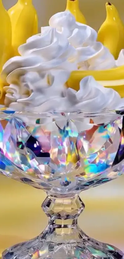 Artistic crystal bowl with bananas and cream, vibrant and colorful.