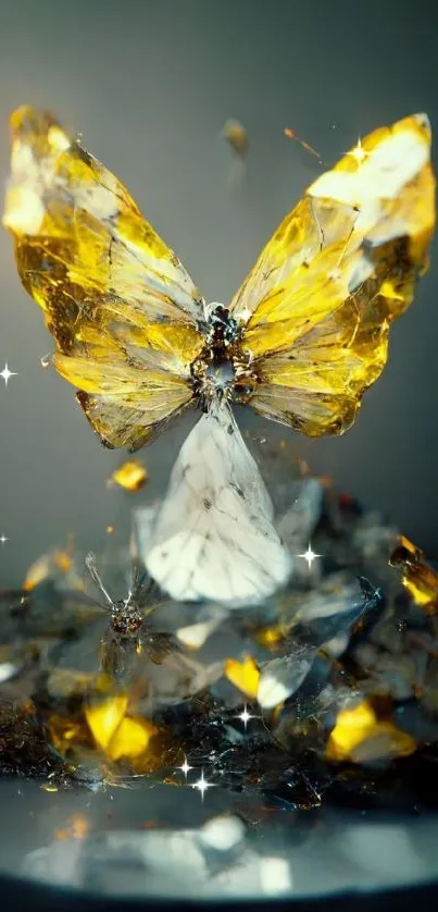 Golden crystal butterfly on dark background wallpaper.