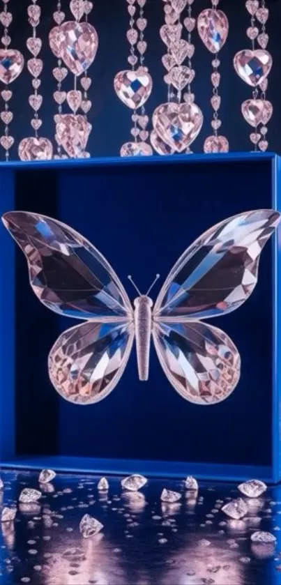 A crystal butterfly against a blue backdrop with sparkling jewels.