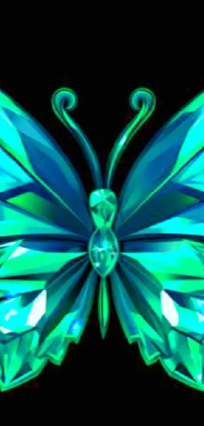 Emerald and turquoise crystal butterfly on a black background.