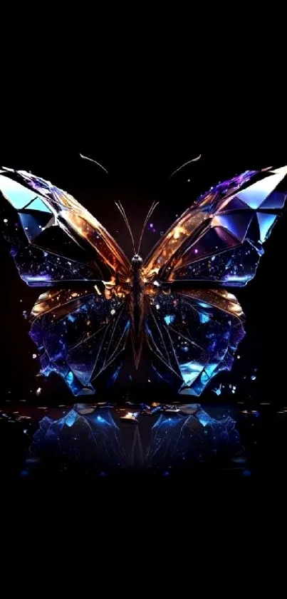 Artistic crystal butterfly on black background with vibrant geometric colors.