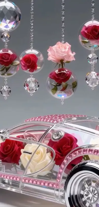 Crystal car with roses in hanging orbs.