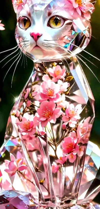 Crystal cat adorned with cherry blossoms in lush background.