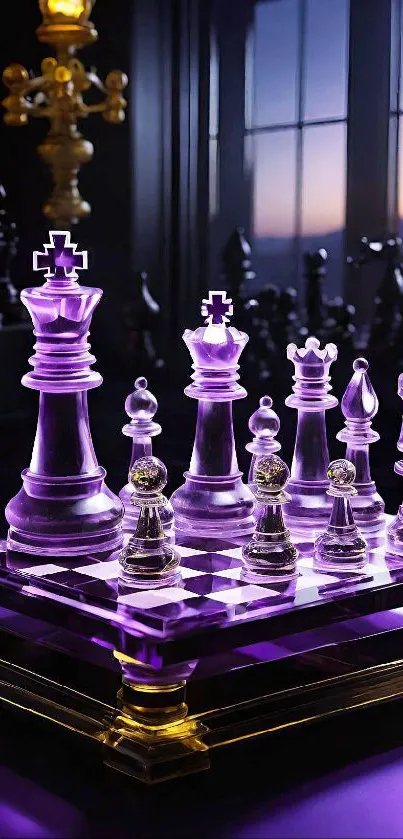 Purple crystal chess set with elegant design by window.