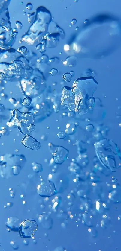 Crystal clear water droplets against a blue backdrop.