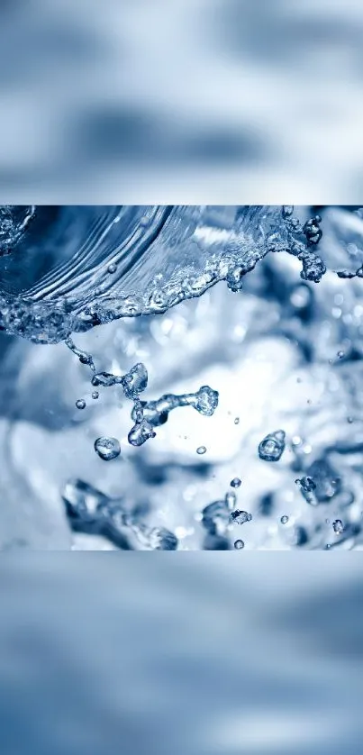 Close-up of splashing water droplets against a blurred backdrop in calming blue hues.