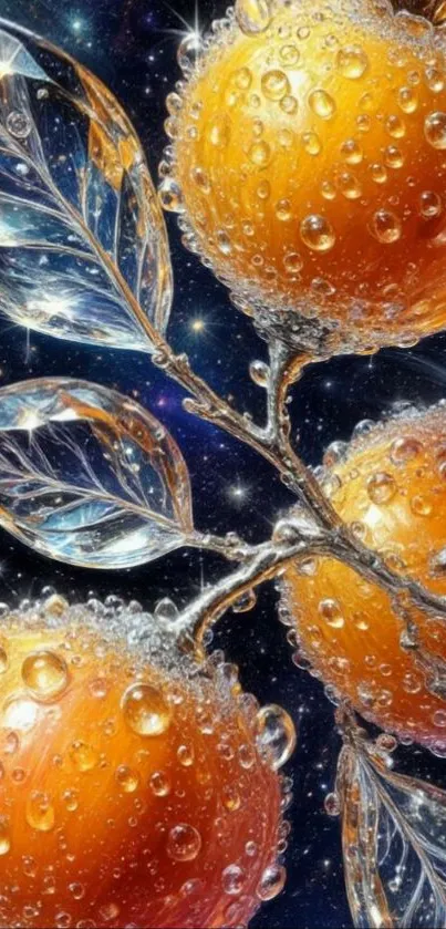 Artistic wallpaper with dew-covered apples.
