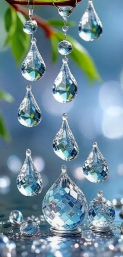 Crystal dew drops with green leaves