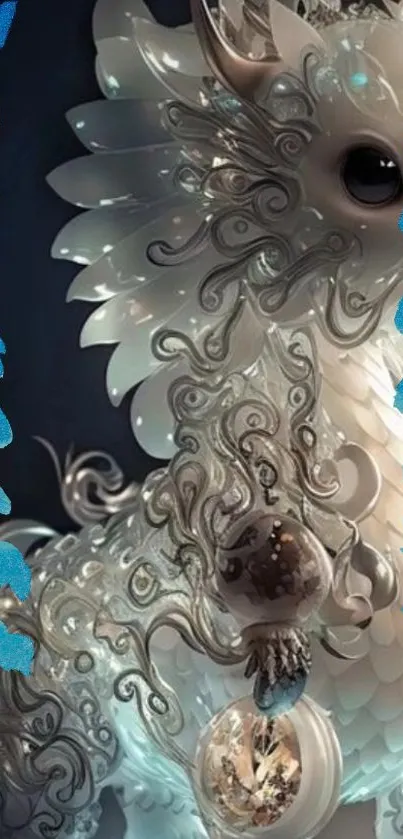 Fantasy crystal dragon with blue leaf accents on a mobile wallpaper.