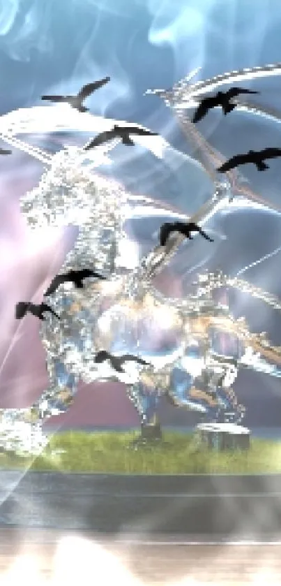 Elegant crystal dragon with dark wings against blurred background.