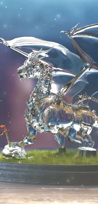 Crystal dragon figurine set against a dreamy blue and purple background.
