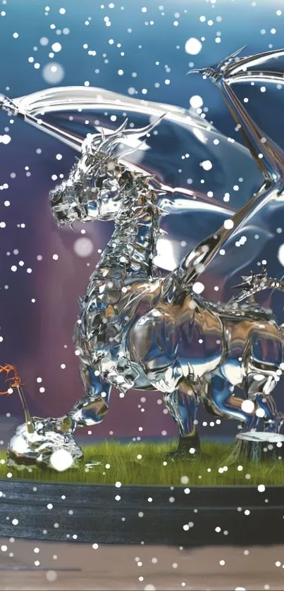 Crystal dragon in magical snowy setting with falling snowflakes.