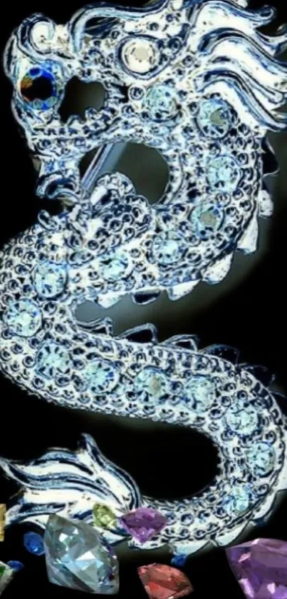 Elegant crystal dragon with colorful jewels on a black background.