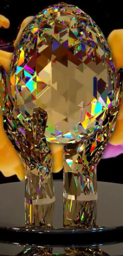 Crystal egg held by artistic hands with vibrant colors.