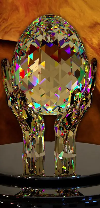 Golden hands holding a shimmering crystal egg on a dark base.