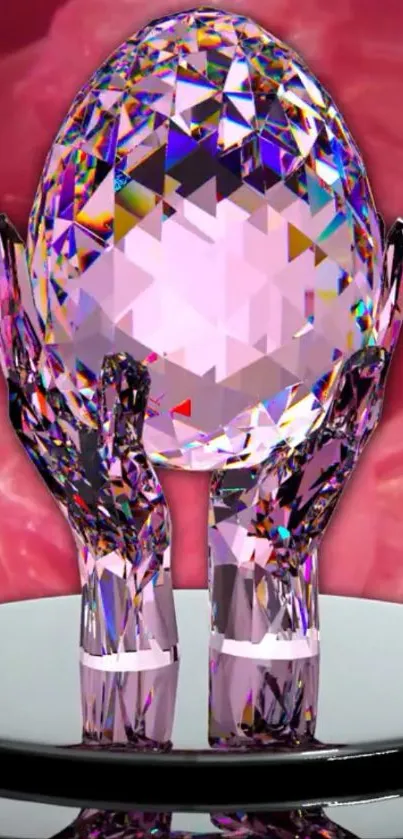 Crystal sculpture of an egg held by hands with a rosy backdrop.