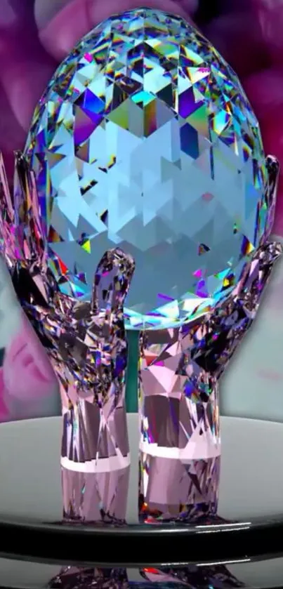 Shimmering crystal egg held by hands on a vibrant background.