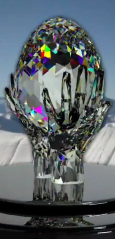 Crystal egg with vivid colors on a snowy mountain backdrop.