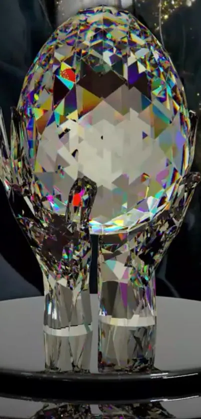 Crystal egg held by glass stand with shimmering colors.