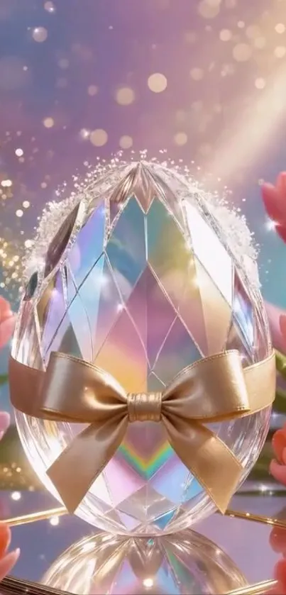 Crystal egg with ribbon and pink tulips.