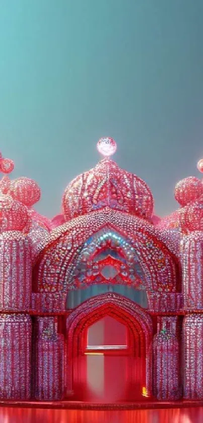 Vibrant crystal fantasy palace with pink hue.