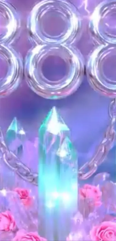 Mobile wallpaper with vibrant crystals and roses in neon colors.