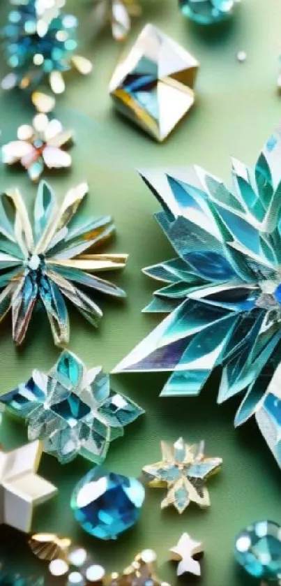 Intricate crystal floral art wallpaper in blue and green hues.