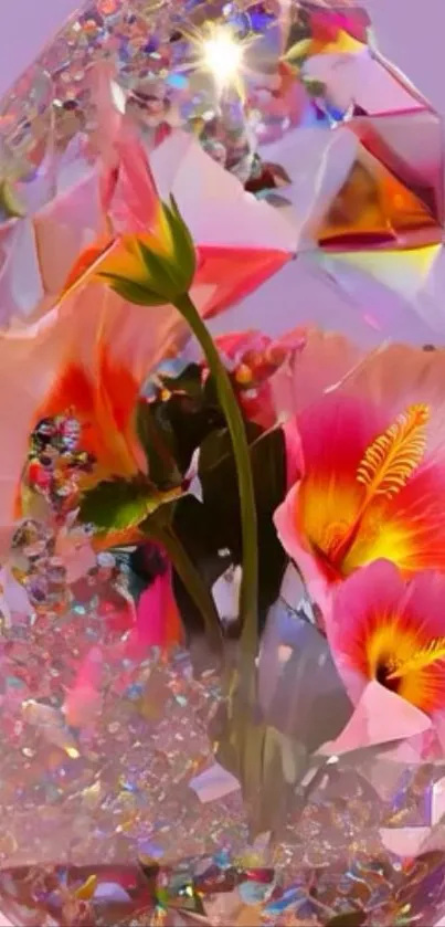 Pink flowers within crystal design wallpaper.