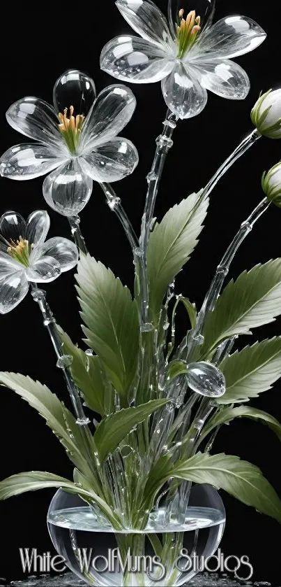 Elegant crystal flowers with green leaves in a glass vase wallpaper.