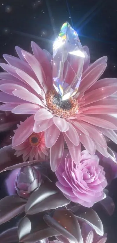 Pink flowers with crystal on dark background.