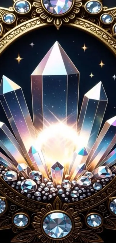 Art Deco wallpaper with crystal gems and gold frame.