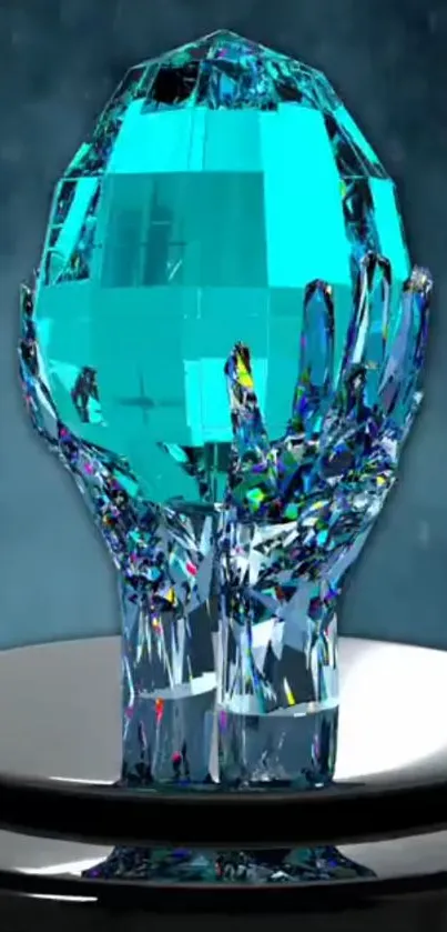 Cyan crystal gem on a reflective surface wallpaper.