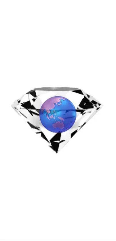 Diamond with earth globe on white background.