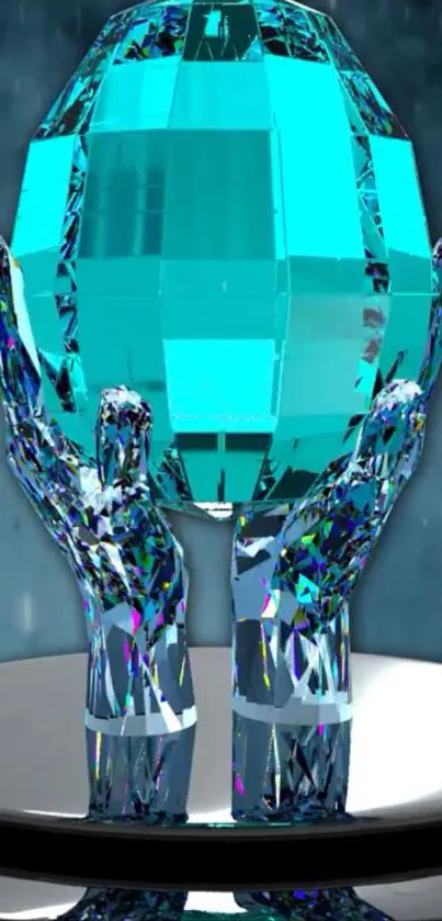 Crystal hands holding a blue gemstone with a futuristic design.