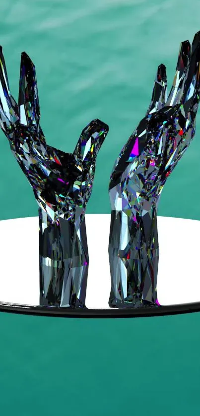 Crystal hands sculpture on teal backdrop.