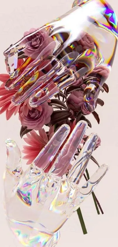 Crystal hands holding pink flowers on a soft background.