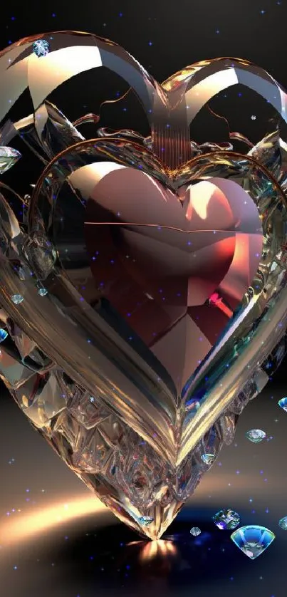 3D crystal heart with elegant reflections on a dark background.