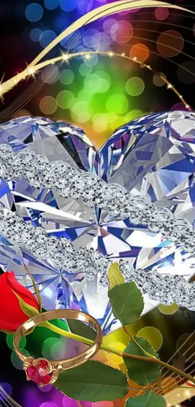 Crystal heart with diamond band and red rose on colorful black background.