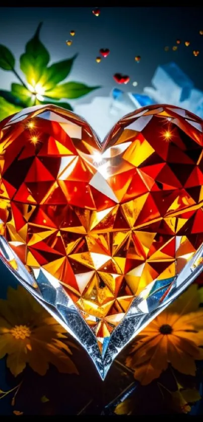 Vibrant crystal heart with floral accents on a colorful background.