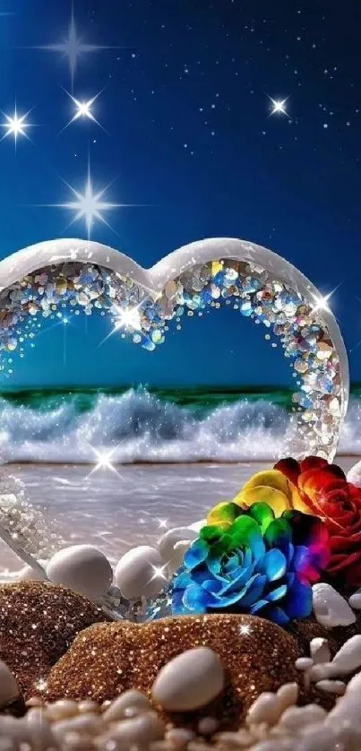 Crystal heart and rainbow rose on beach with ocean waves.