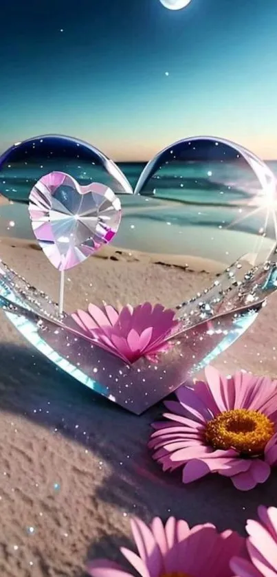 Beautiful crystal heart with pink flowers on a sandy beach under a moonlit sky.