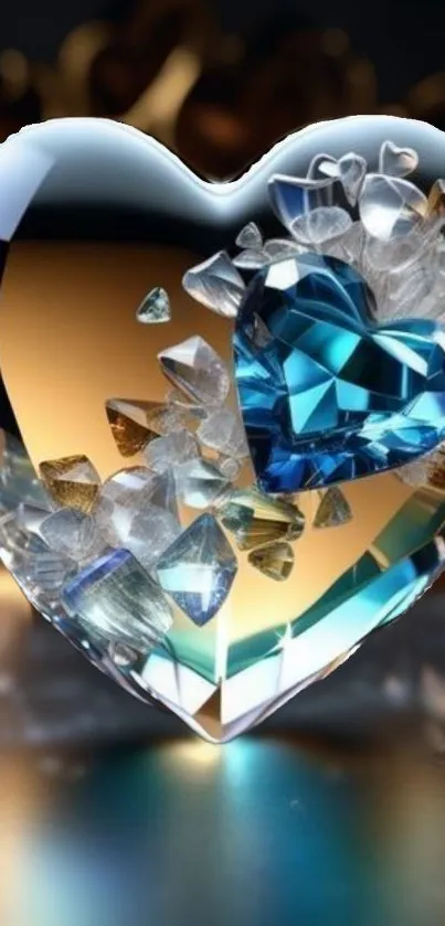 Elegant blue and gold crystal heart wallpaper with shimmering gemstones.