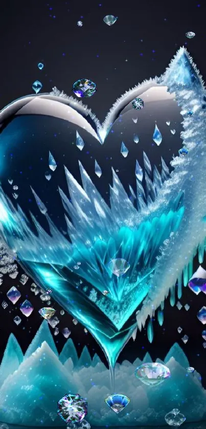 Crystal heart surrounded by icy blue elements, creating a fantasy art wallpaper.