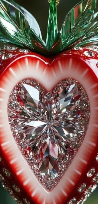 Crystal heart inside a red strawberry design.