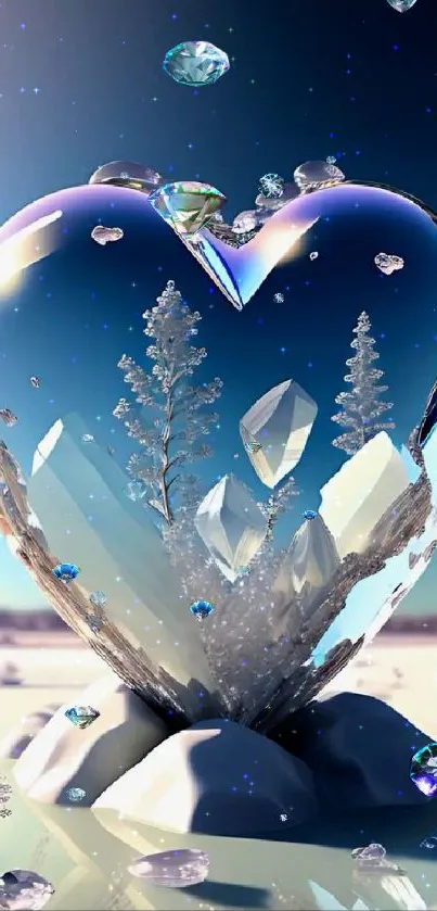 Crystal heart in a winter landscape with trees and frozen elements.