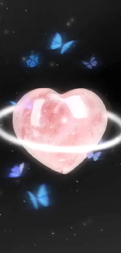 Crystal heart with blue butterflies on black background.