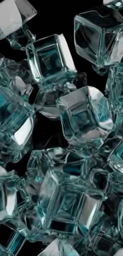 Crystal-like ice cubes on a black background, forming a modern abstract pattern.