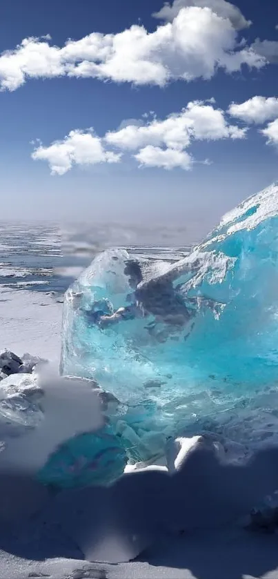 Crystal clear ice under a bright blue sky with fluffy clouds.