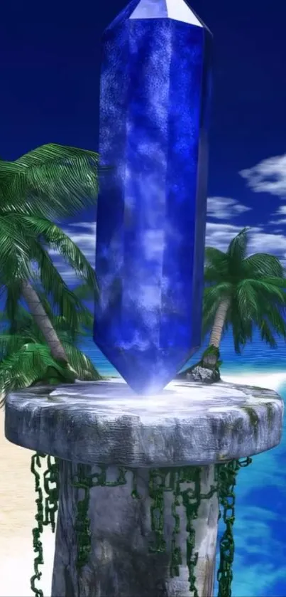 Fantasy island with a glowing blue crystal and ocean view.