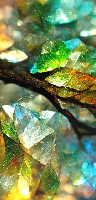 Fantasy art of crystal leaves with vibrant colors.